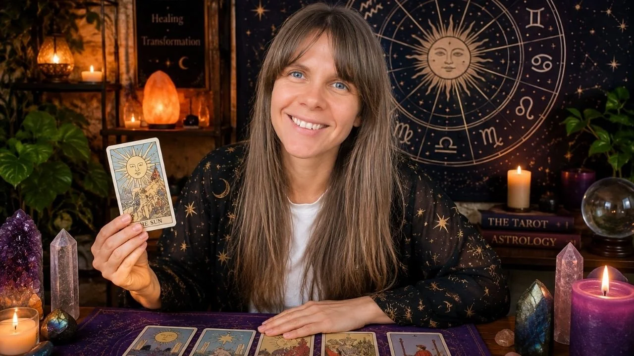 Online Psychic Therapy session with tarot cards, astrology symbols and holistic mental wellness coaching tools in a calming spiritual setting.
