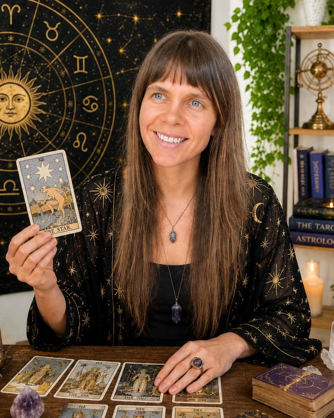 Psychic Therapy session with Rozzebud tarot cards, astrology symbols and holistic mental wellness coaching tools in a calming spiritual setting.