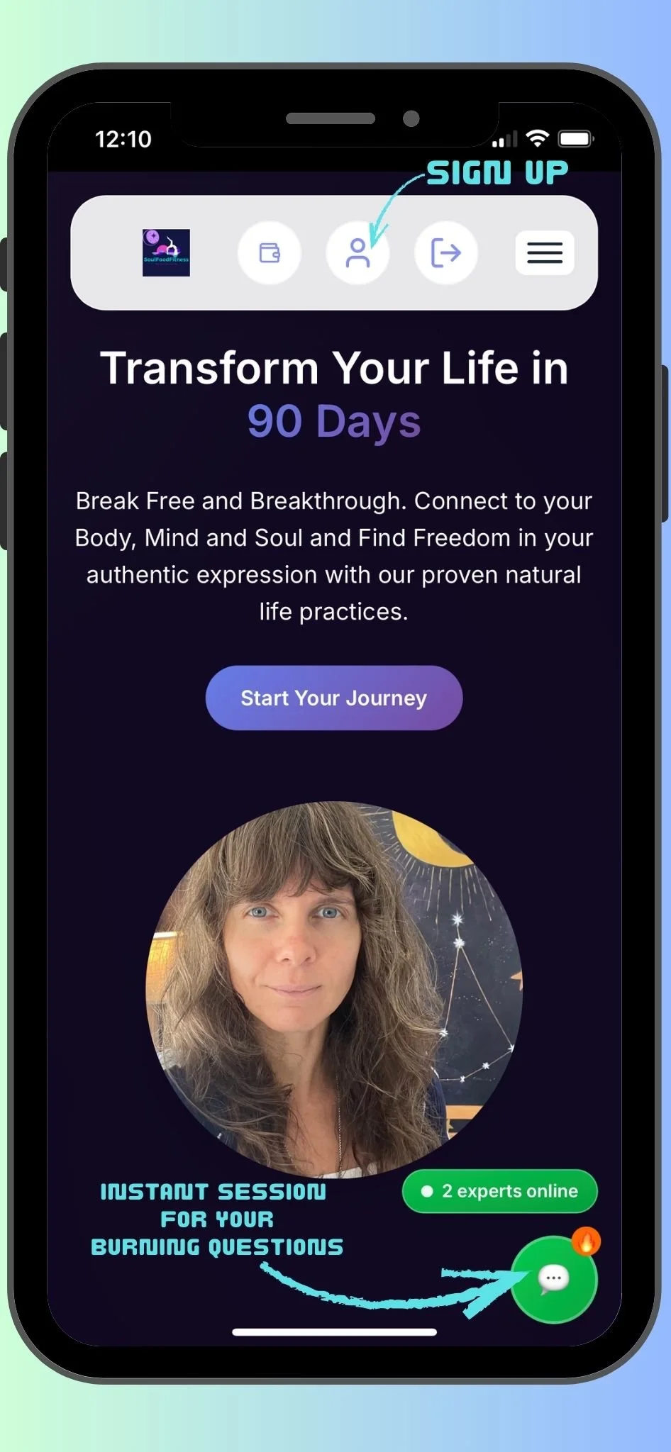 Mobile app screen displaying a wellness program, with a sign-up icon at the top, a profile photo of a woman, and a chat icon with a notification for live consultation with two experts online.