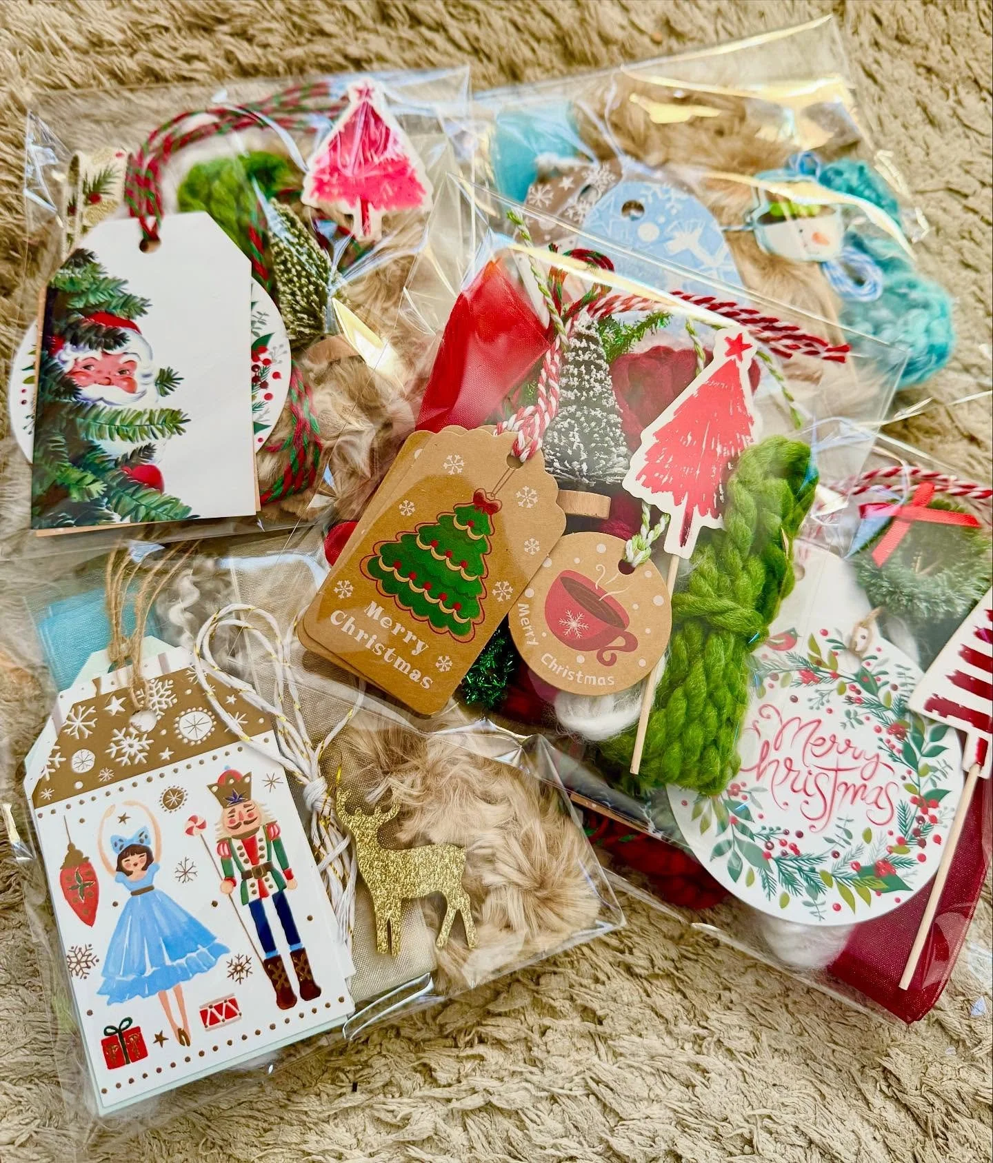 🎄🎁 New Product! Snag one of our $5 gift wrap kits this holiday season! Each kit contains 6 one-yard strips of ribbon/yarn/thread, 3 gift tags and 2 wrapping embellishments. This should be enough to wrap 3-5 small/medium gifts depending on how you w