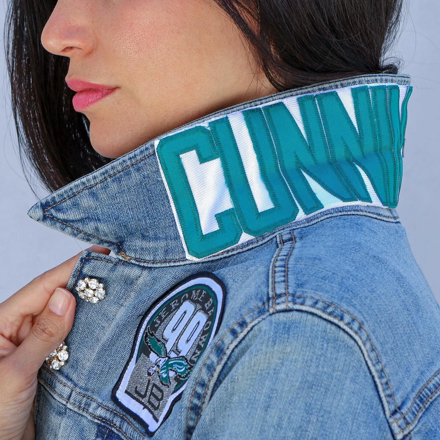 Get ready to cheer on the #PhiladelphiaEagles wearing custom fan apparel! We have very limited one-of-a-kind #Eagles denim jackets left. DM for availability 💚
