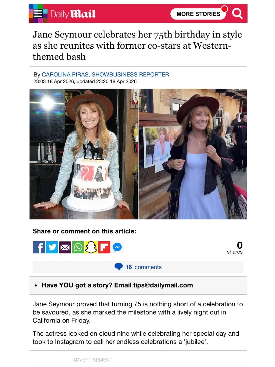 Ohama Couture featured in @janeseymour press for her 75th birthday jubilee ✨ Jane is a phenomenal, benevolent and beautiful woman &mdash; we are honored to support her and @openheartsfoundation ❤️

@dailymail 
@pagesix 
@foxnews 

Thank you 
@bodyfir