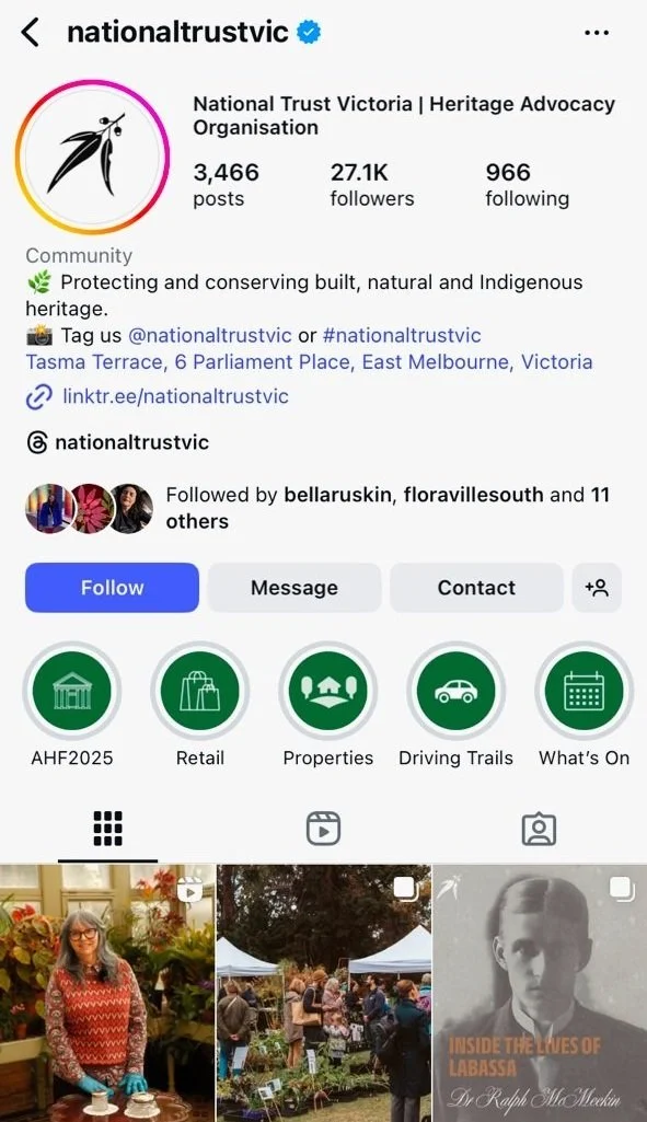 I worked for the marketing team at the National Trust of Victoria where my primary focus was growing brand awareness and building a loyal following on Instagram.