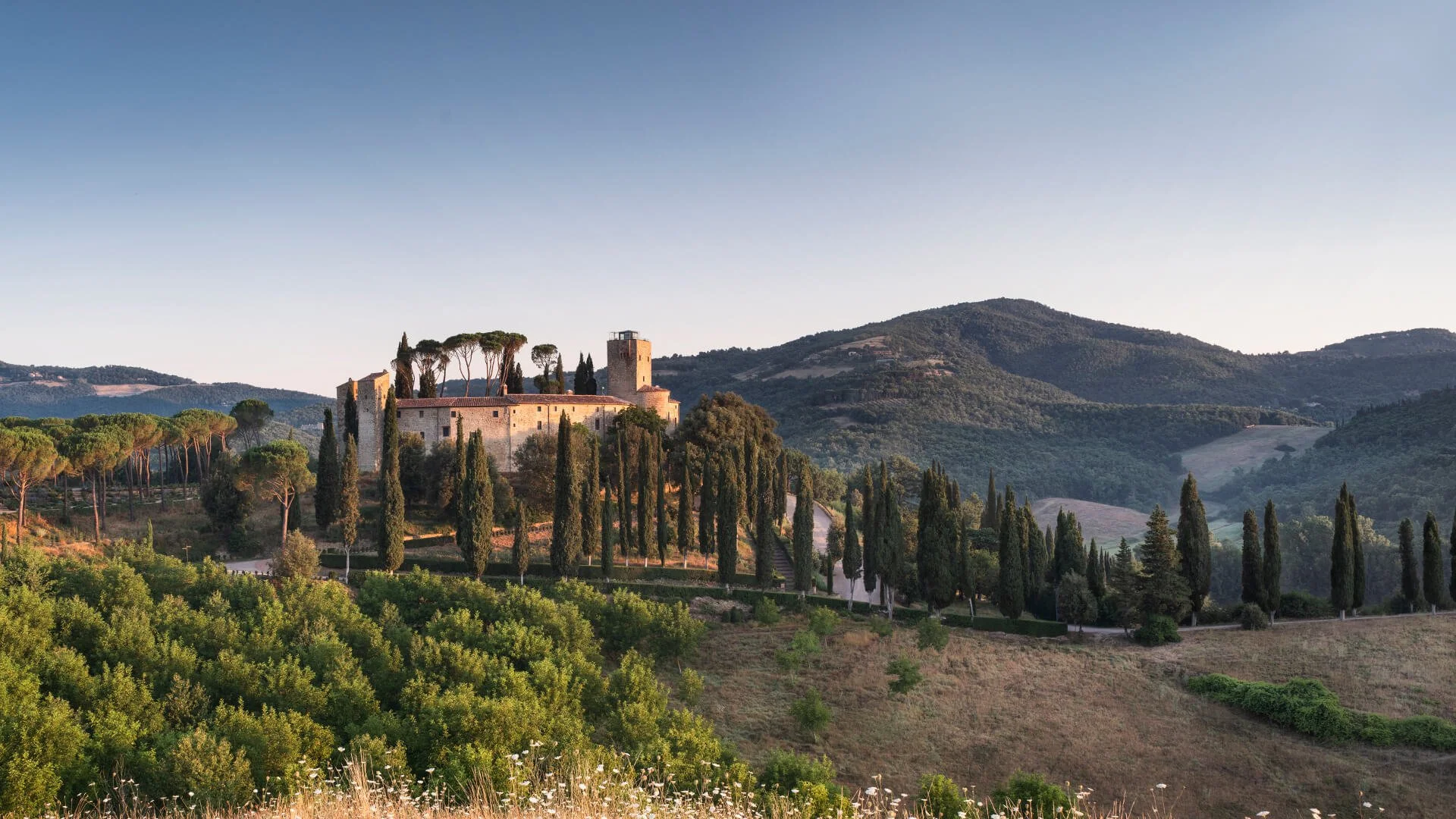 A scenic view of a hillside with a castle surrounded by tall cypress trees and lush greenery, with mountains in the background under a clear blue sky.