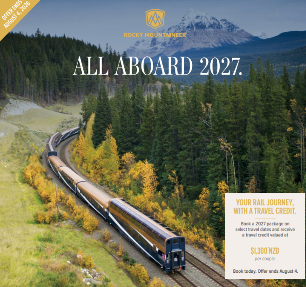 Rocky Mountaineer All Aboard 2027 | NZD $1,300 Travel Credit 