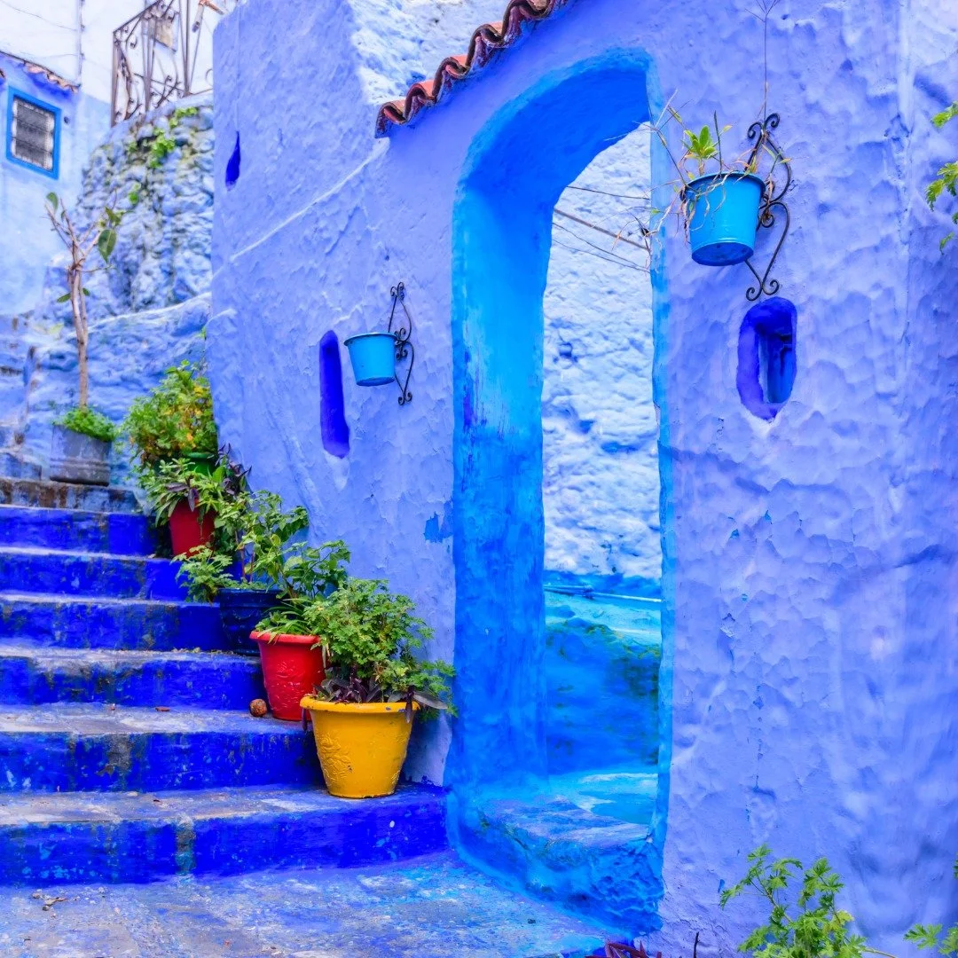 Did you know Chefchaouen&rsquo;s name means &ldquo;look at the horns&rdquo;?

The name is inspired by the two mountain peaks overlooking the city, which resemble a pair of goat&rsquo;s horns. Set within Morocco&rsquo;s Rif Mountains, the famous Blue 