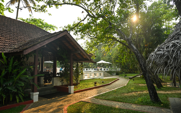Serene tropical wellness retreat in Sri Lanka featuring a traditional villa, sunlit garden pathways, lush palm trees, and peaceful outdoor spaces designed for relaxation and holistic rejuvenation.