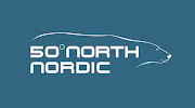 Logo of 50 North Nordic, featuring stylized white text and an outline of a fish on a blue background.
