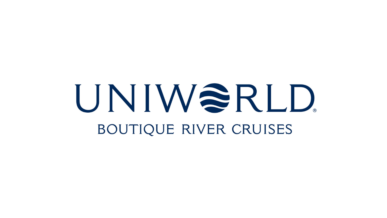 Uniworld Boutique River Cruises logo with navy blue text and wave symbol on a white background.
