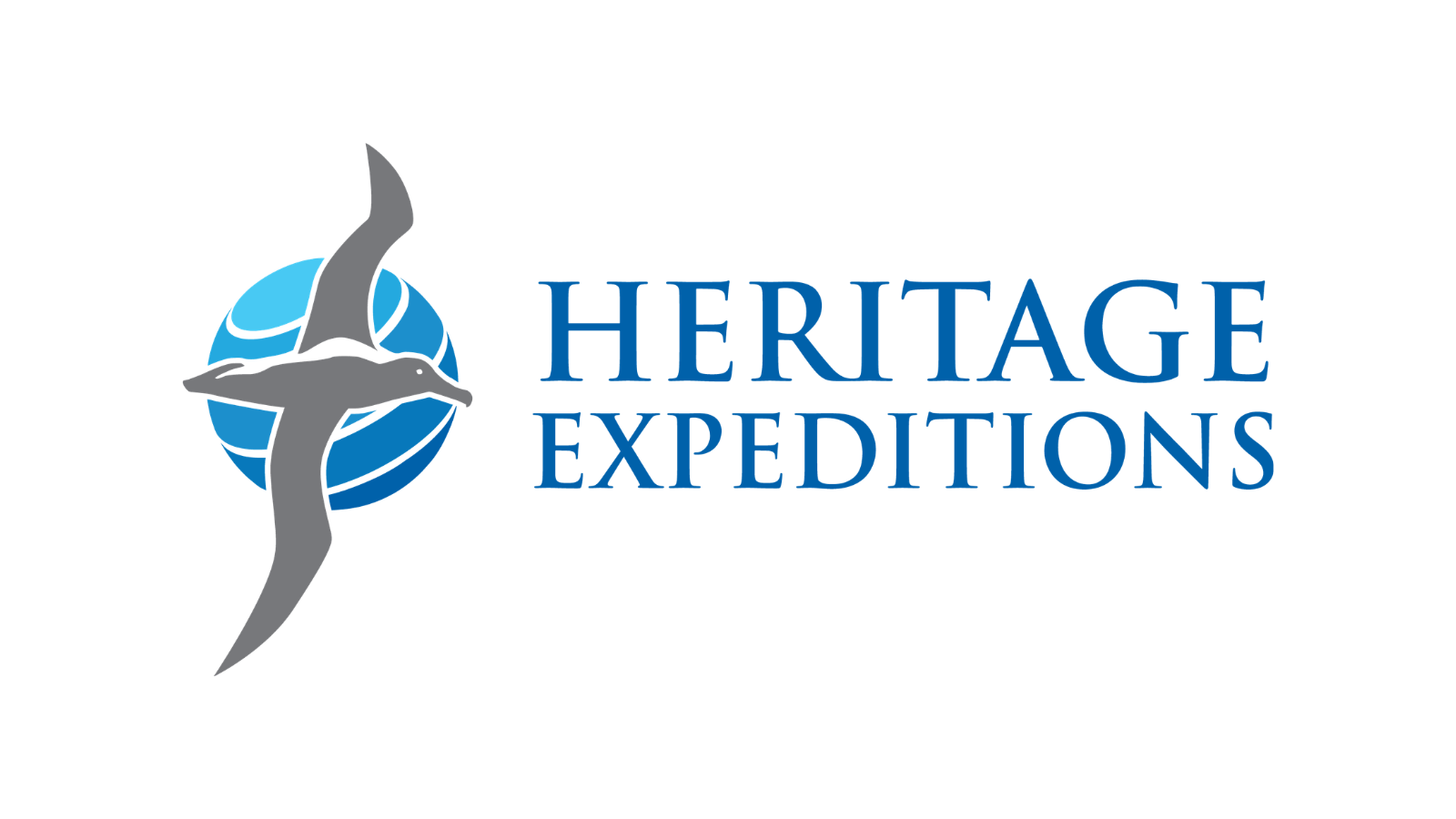 Heritage Expeditions logo featuring a blue globe and a gray bird flying around it, with the company's name in blue text.