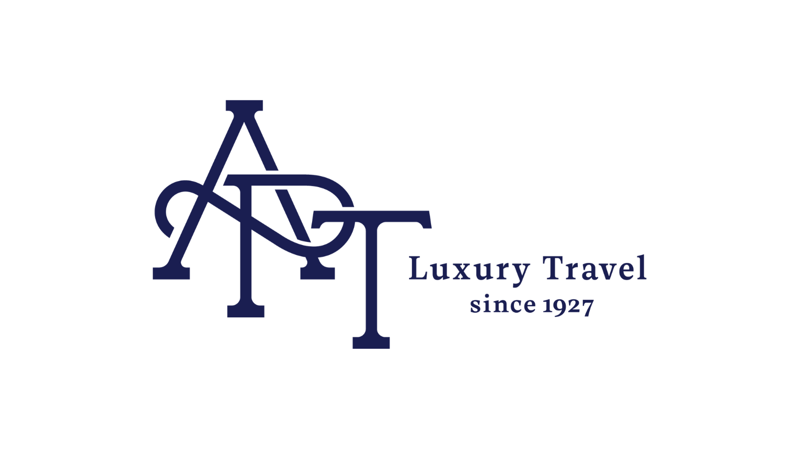 Logo of A&T Luxury Travel with large intertwined letters 'A' and 'T' in dark blue, and the text 'Luxury Travel since 1927' written below.