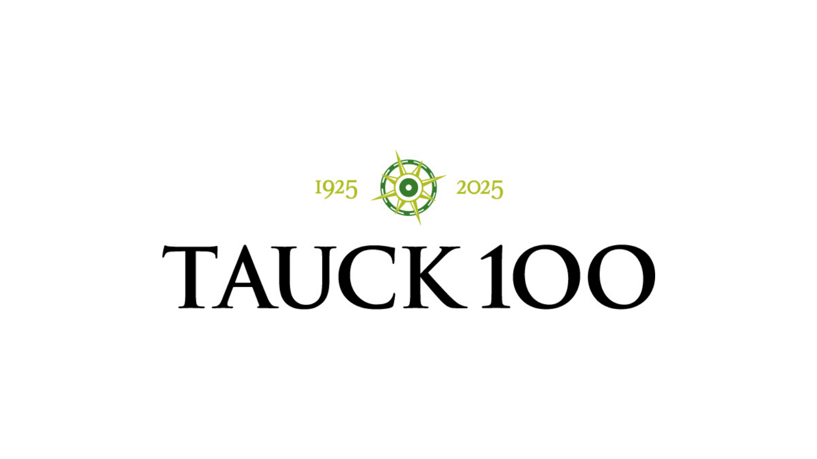 Logo for Tauck 100 celebrating 100 years from 1925 to 2025, featuring a green compass rose icon
