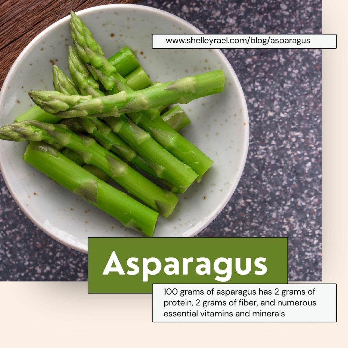 🌱 Asparagus! 

🌱Did you know that just 100 grams of asparagus has 2 grams of protein, 2 grams of fiber, and numerous essential vitamins and minerals? 

🌱From potassium to folate, it's a nutrient powerhouse! 

🌱Plus, with only 20 calories per serv