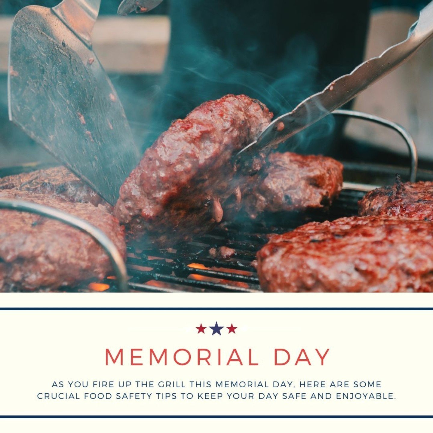 As you fire up the grill this Memorial Day, here are some crucial food safety tips to keep your day safe and enjoyable:

1. Clean: Wash your hands and surfaces often. This helps prevent the spread of bacteria.🧼

2. Separate: To avoid cross-contamina