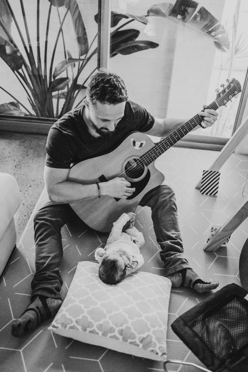 newborn baby with dad playing guitar gold coast photos