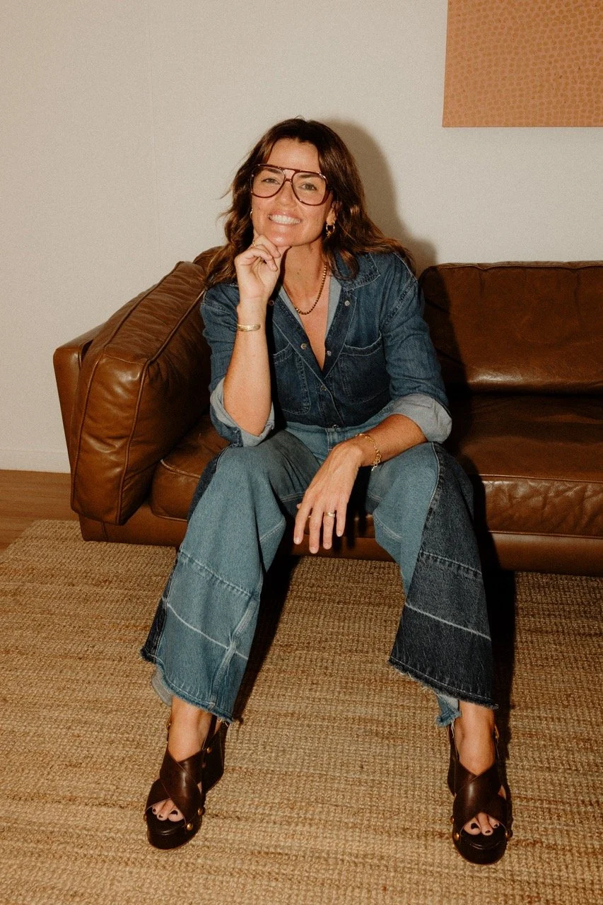double denim look on brown leather couch styling branding