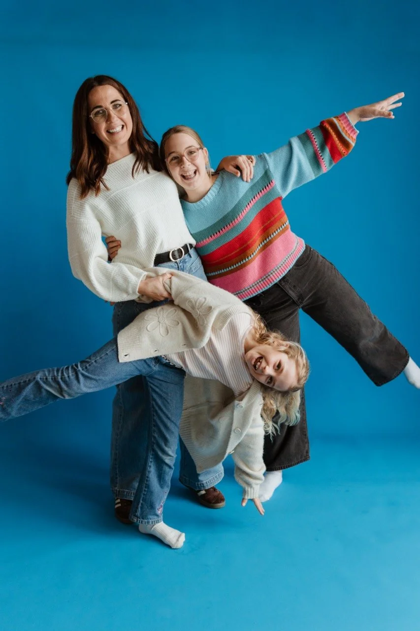 photoshoot commercial studio blue back drop mum and kids