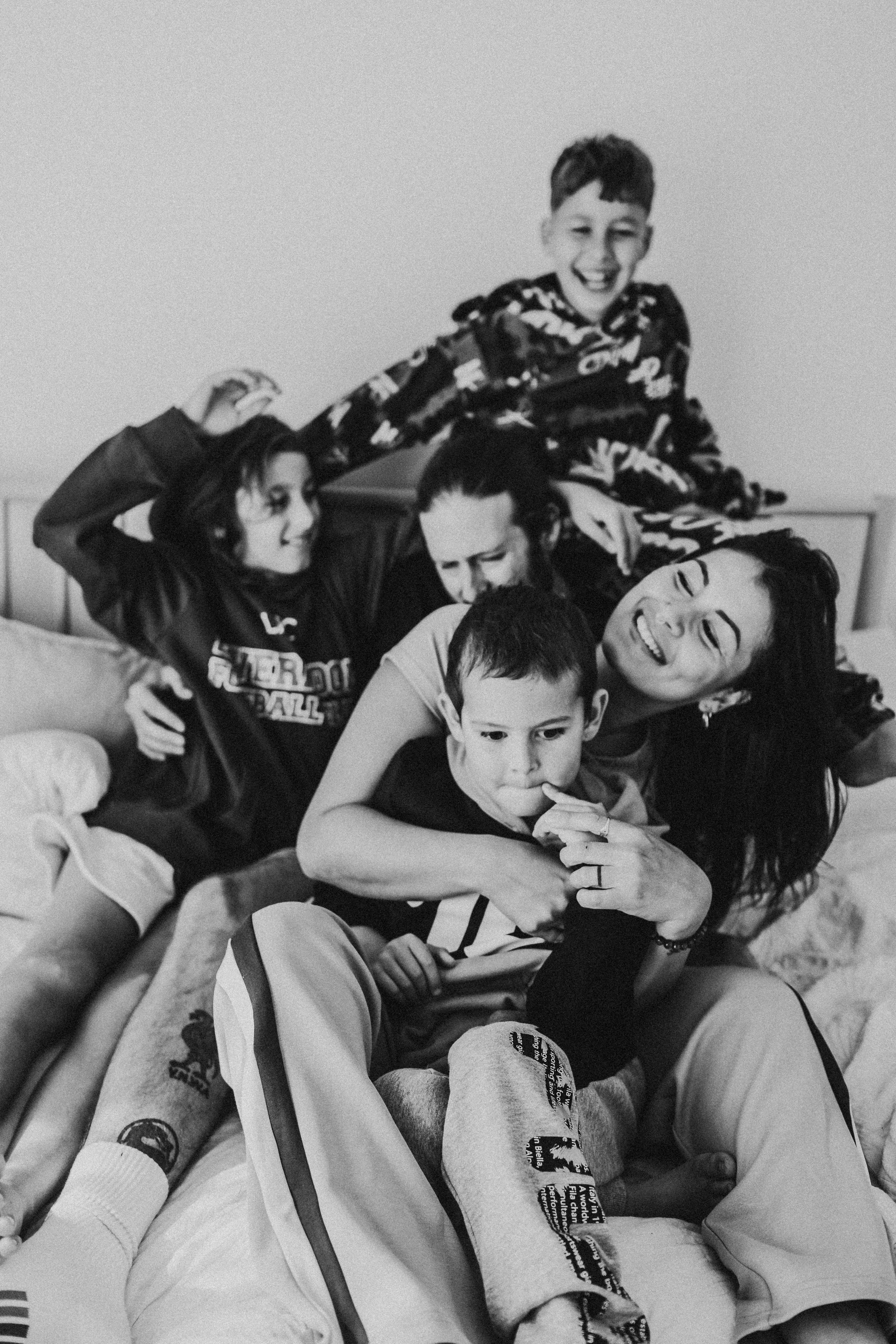 family cuddles at home