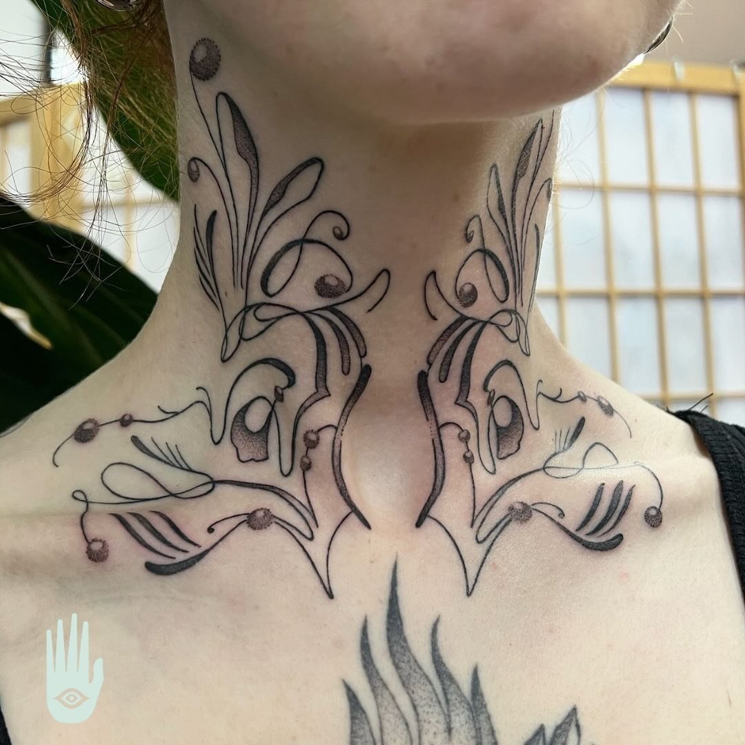 Neck decorations for Clair made by @paulrapley_tattooer