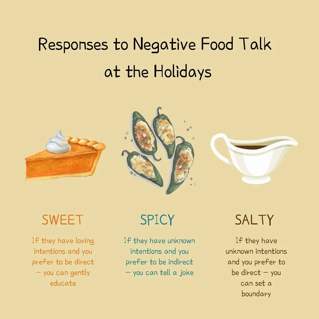 All of the Friendsgivings, Thanksgivings and holiday dinners come with food talk you may not want to hear. Here are some ideas for how to respond!