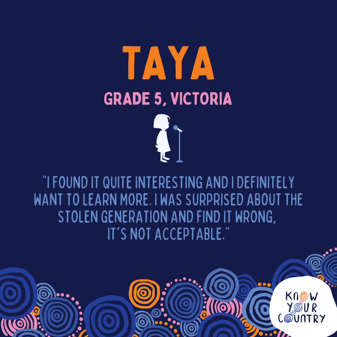 Colorful poster with a quote, featuring a silhouette of a girl with a microphone, text showcasing her name, grade, and location, and decorative circular patterns at the bottom right corner that say 'Know Your Country'.