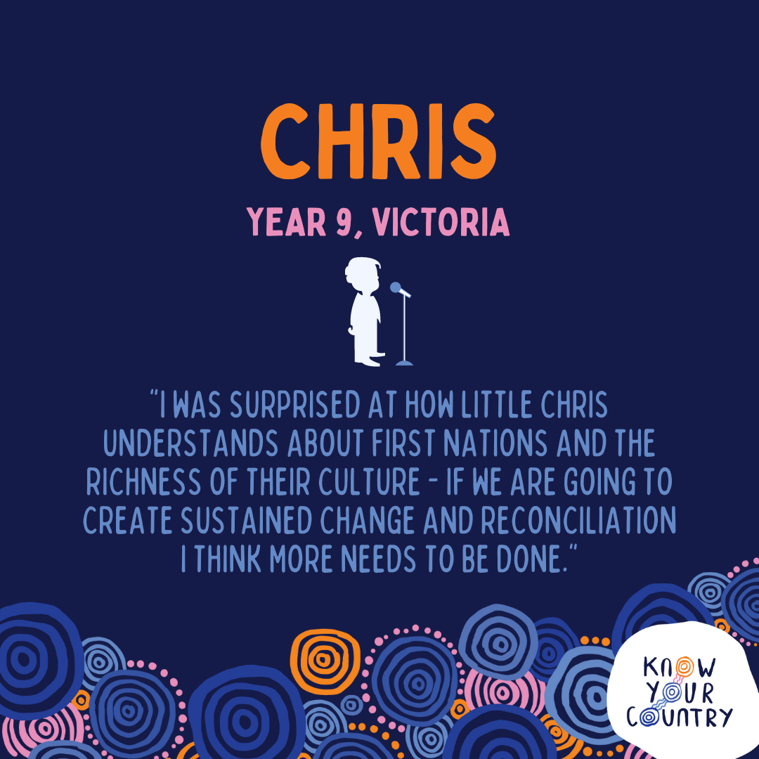 A dark blue background poster with the name 'Chris' in large orange text, indicating a Year 9 student from Victoria. It features a white silhouette of a person at a microphone, a quote about understanding First Nations cultures, and a colorful border