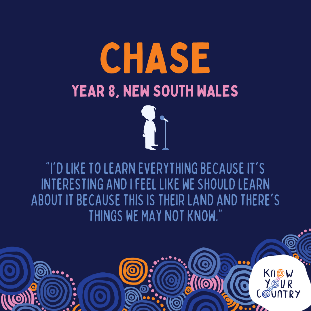 Grafical poster with the name 'Chase' and the description 'Year 8, New South Wales'. It features a quote about learning and a small illustration of a person at a microphone. The background is dark blue with colorful swirl patterns at the bottom and a