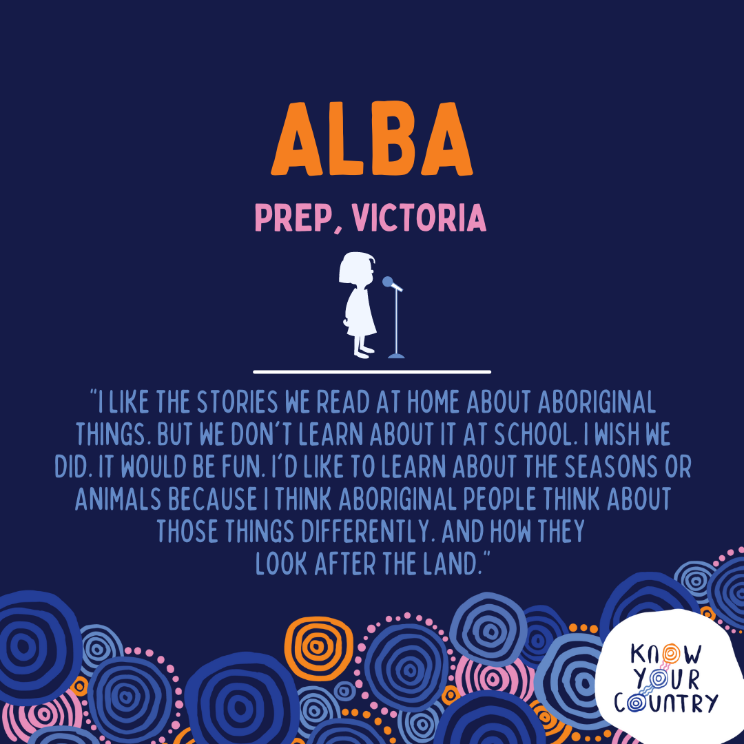 Poster with colorful circular patterns at the bottom, featuring a speech bubble with 'Know Your Country' and text about ALBA Prep in Victoria, describing a child's interest in learning about Aboriginal culture and land.