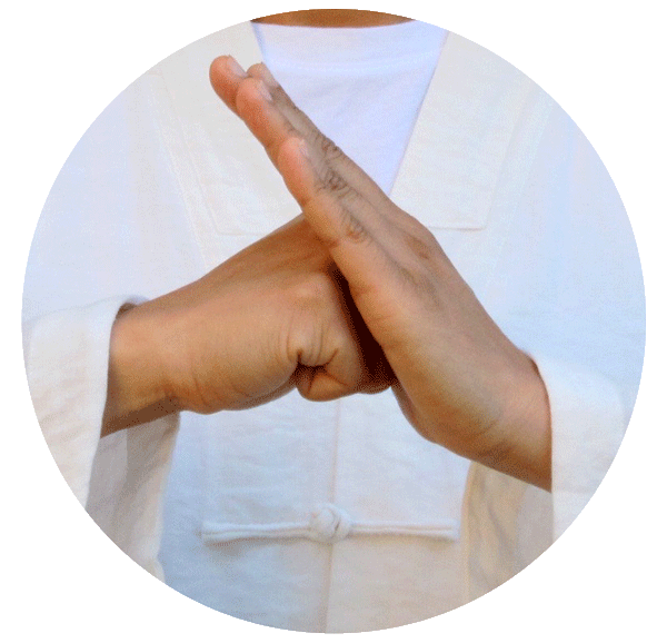 Person in white traditional clothing with hands pressed together in traditional martial arts salute