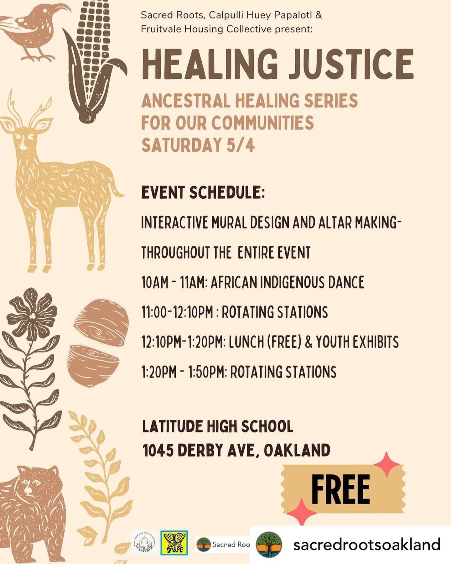 @sacredrootsoakland ALL Peacelovin&rsquo; FOLX are WELCOME 💕 to this day of Ancestral Healing Workshops and Ceremonies + Free Lunch 👉May 4 from 10am-2pm @ Latitude High School 1045 Derby Ave, Oakland. Welcoming all bodies, two-spirits, all cultures