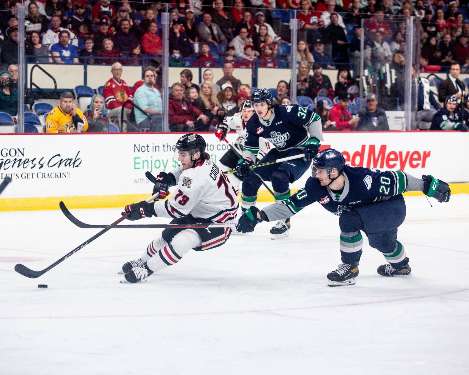 Luca Cagnoni, Samuel Knazko, Matthew Rempe, and Kyle Chyzowski during Portland Winterhawks and Seattle Thunderbirds game five of the 2022 WHL Playoffs.