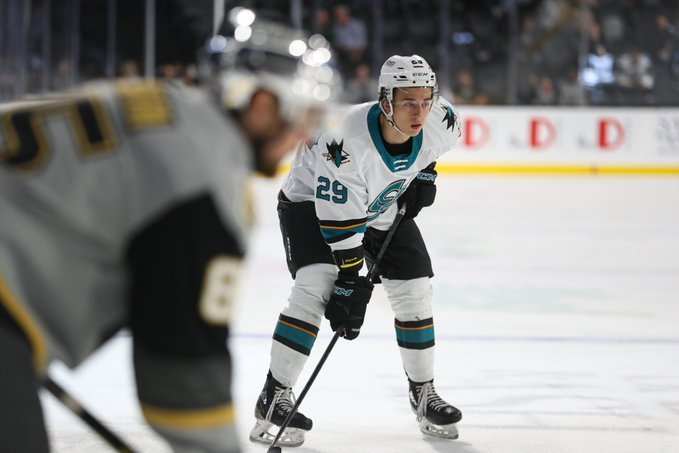 Gannon Laroque prepares for a faceoff for the San Jose Barracuda against the Henderson Silver Knights