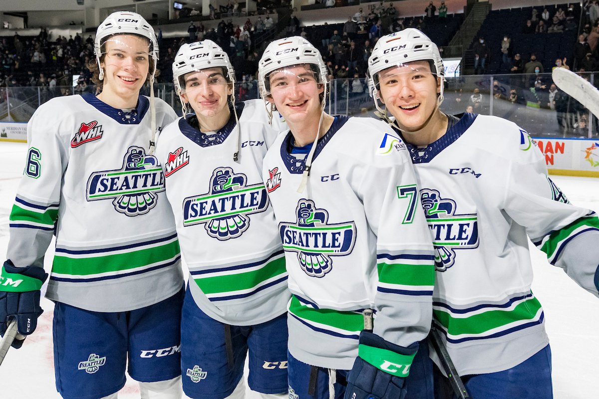 Nico Myatovic, Lukas Svejkovsky, Jordan Gustafson, and Jeremy Hanzel of the Seattle Thunderbirds