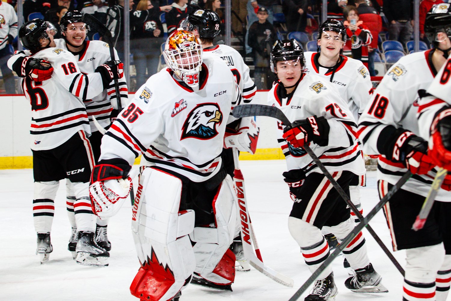 Taylor Gauthier and the Portland Winterhawks celebrate a Game Two victory in the second round of the WHL Playoffs