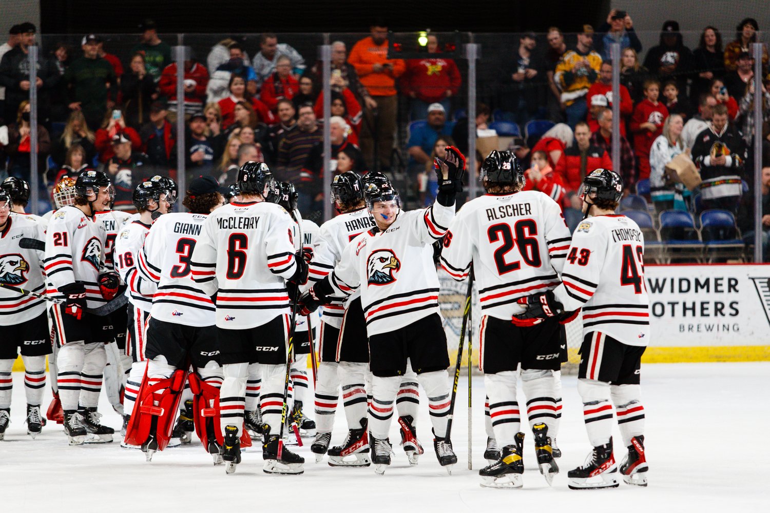 The Portland Winterhawks celebrate a game two victory in the first round of the 2022 WHL Playoffs