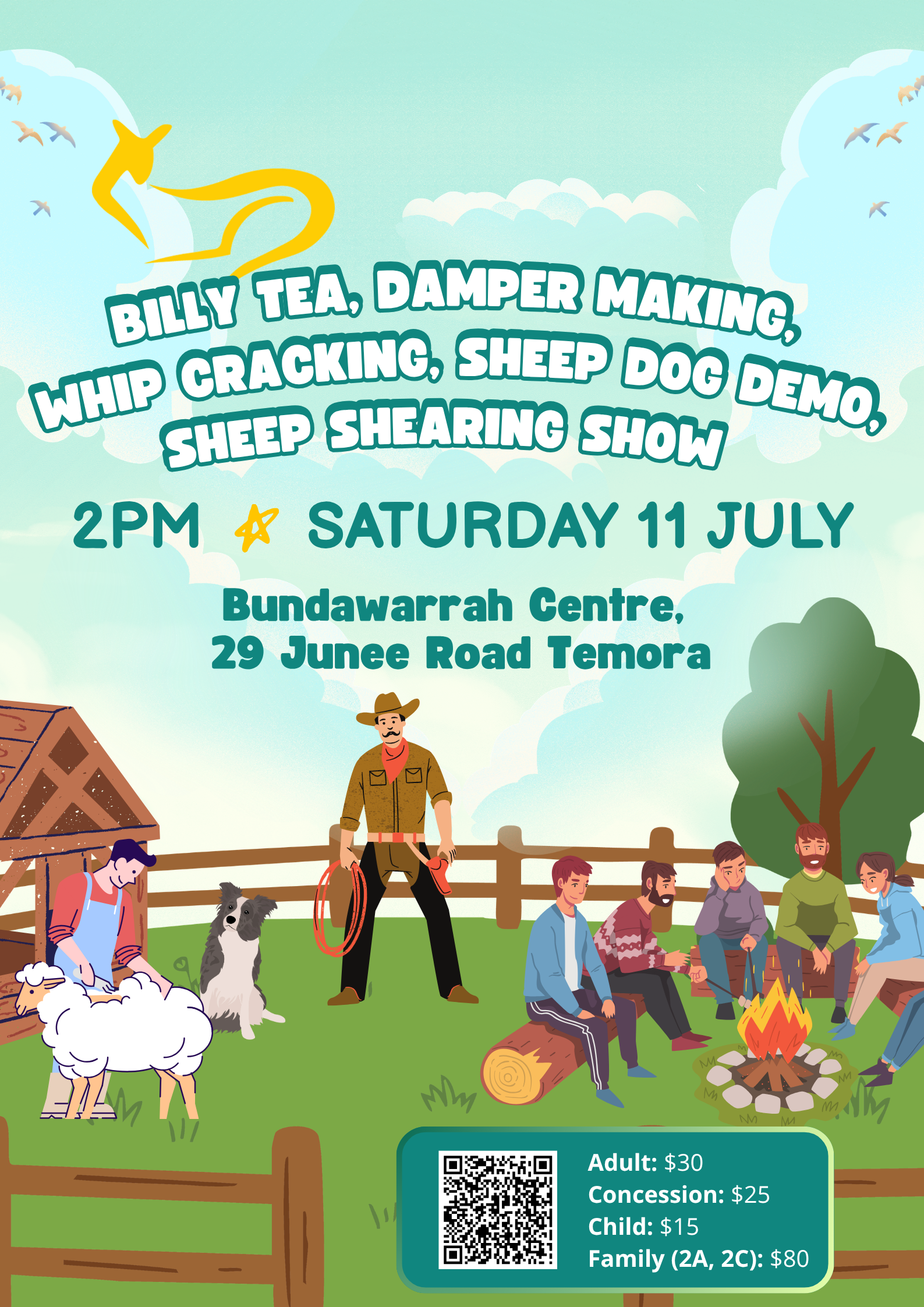 Billy Tea, Damper Making, Whip Cracking, Sheep Dog Demo, Sheep Shearing Show