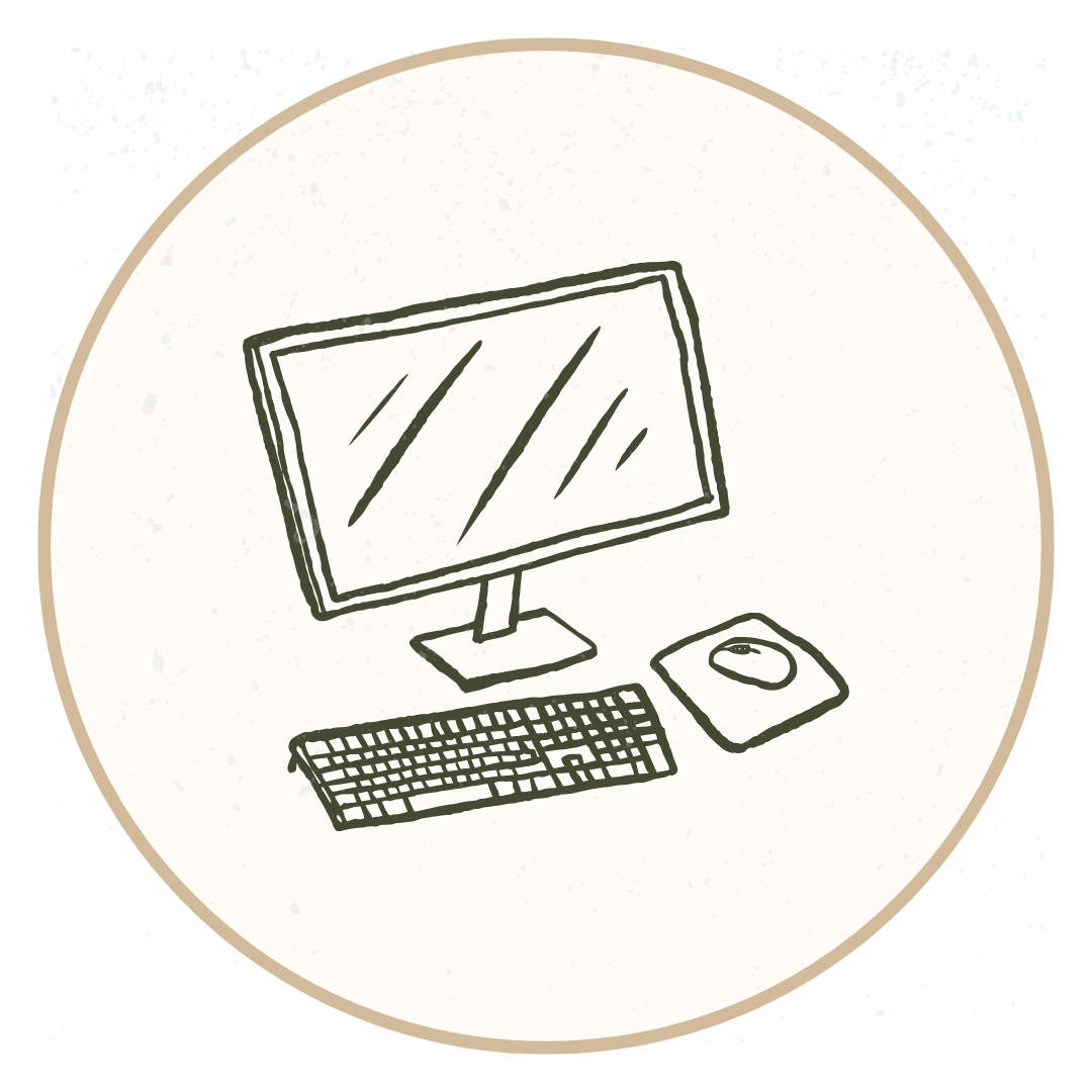 Drawing of a computer monitor, keyboard, and mouse on a white background with a beige circular border.