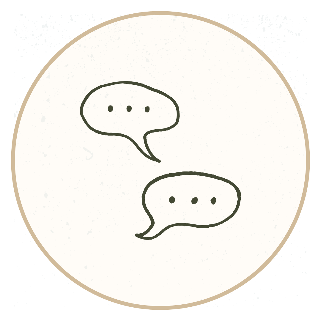 Two hand-drawn speech bubbles with three dots inside each, indicating conversation, on a circular, beige-background.