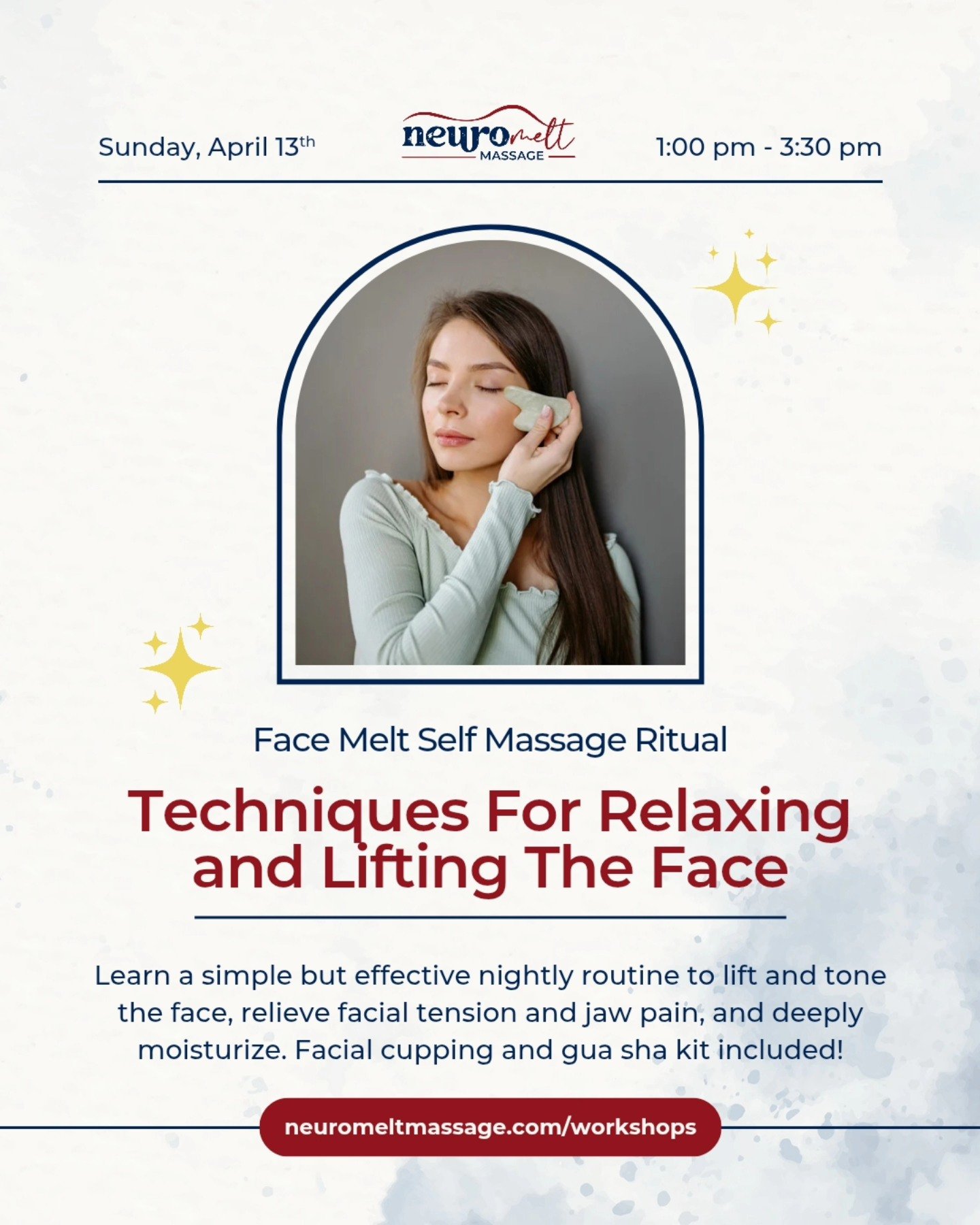 Workshop alert! Join me Sunday, April 13th, from 1-3:30pm to learn a powerful nightly face massage routine to lift and tone the face, relieve jaw pain, and deeply moisturize. 

Facil cupping and rose quartz gua sha set included to take home, so you c