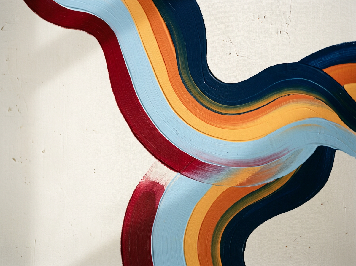 Abstract painting with wavy, colorful brushstrokes in red, light blue, orange, dark blue, and green on a white background.