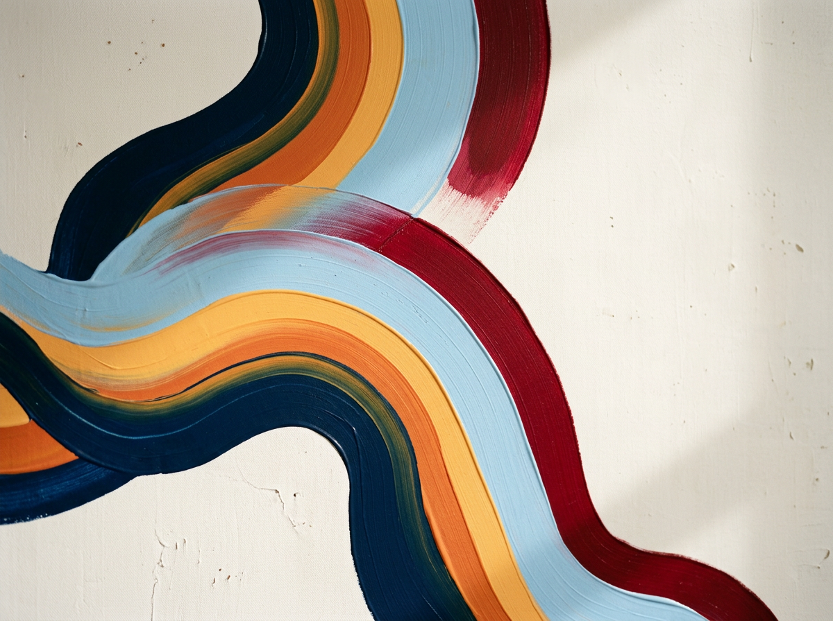 Abstract painting with multiple colorful curved stripes in red, orange, yellow, blue, and black on a white background.