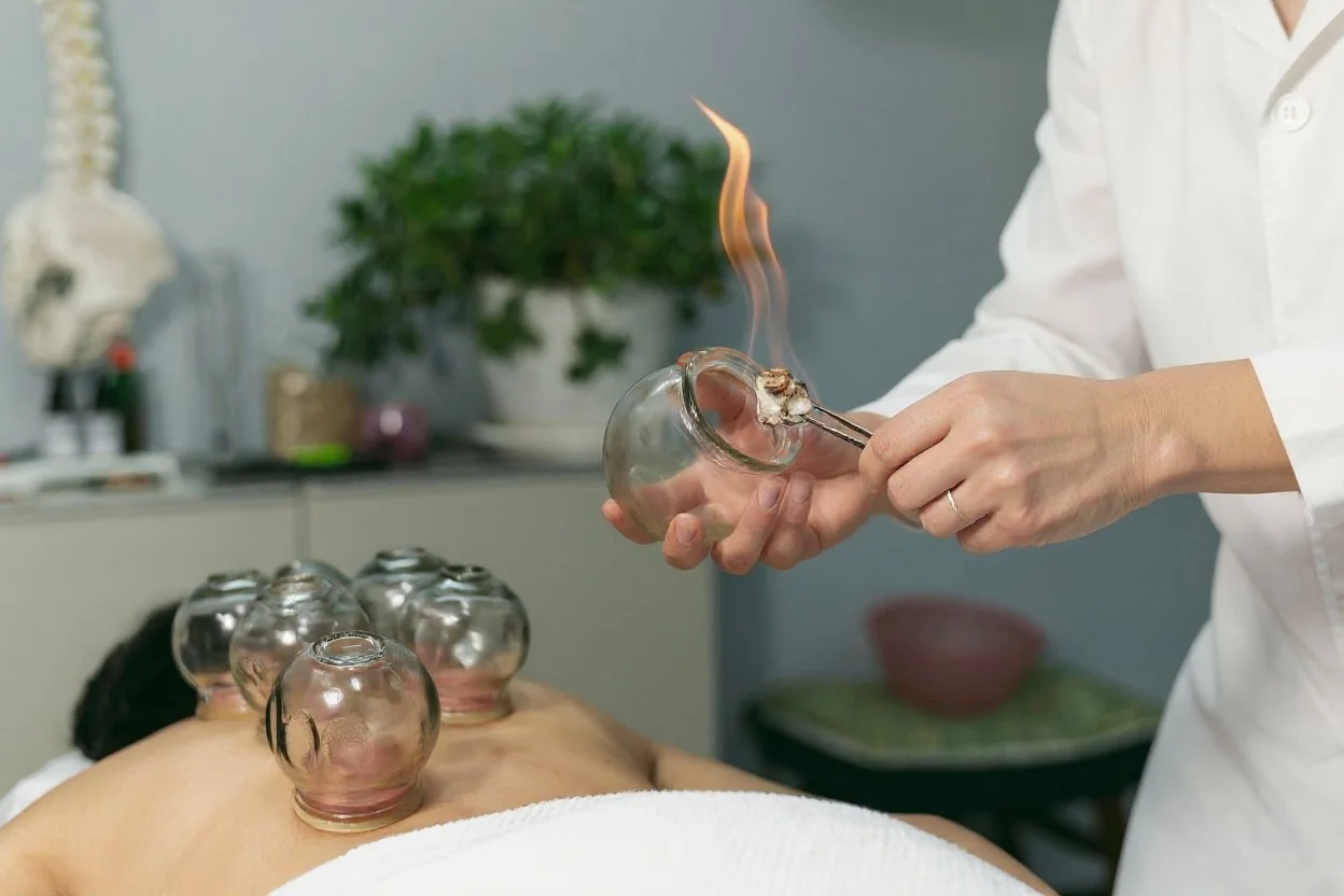 A practitioner performs cupping therapy on a person's back using glass cups, with a flame inside a cup in hand.