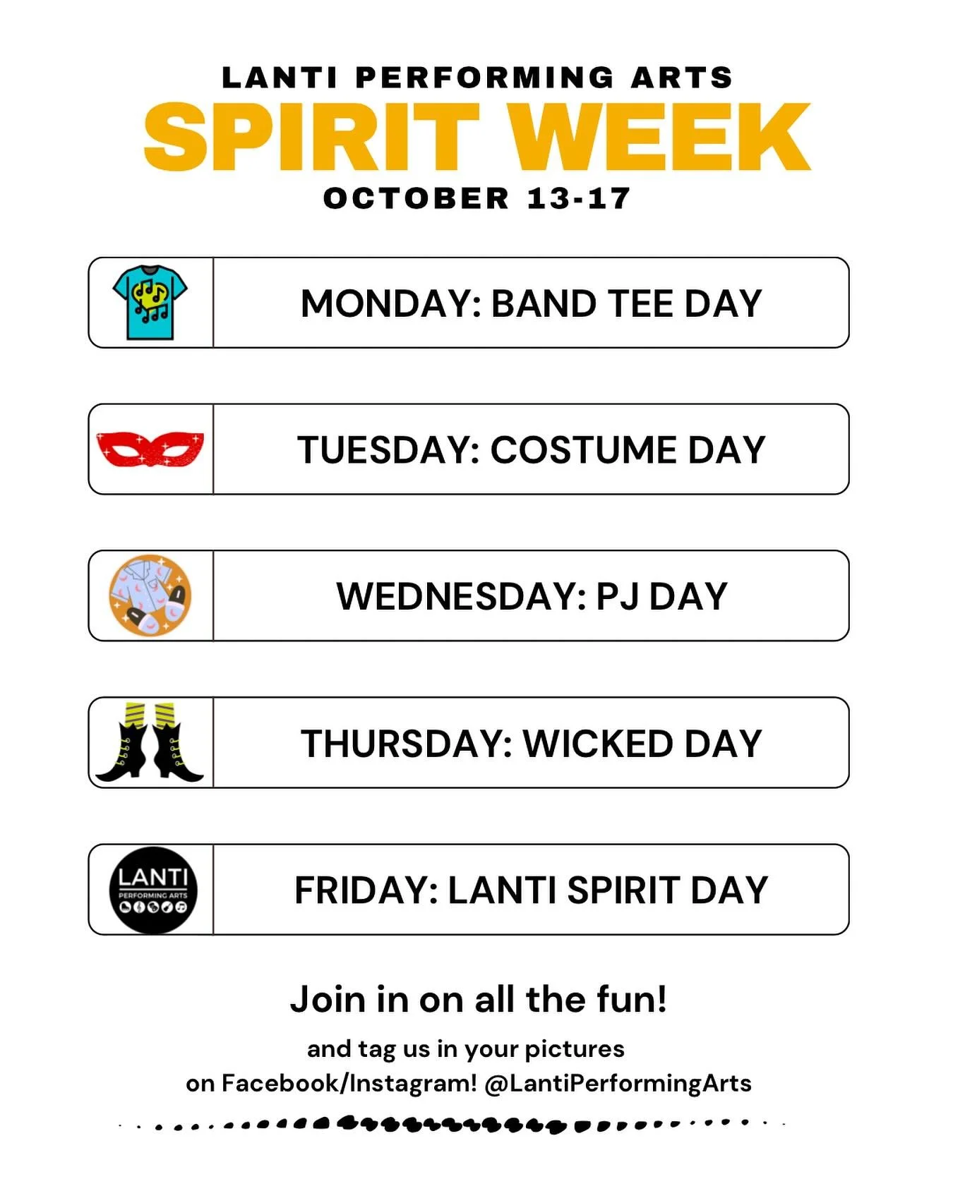 Next week!!! Join us for Spirit Week leading up to our Annual Bonfire! This is one of our favorite weeks of the year - show us what you got!
#lanti #performingarts #music #theatre #musicaltheatre #schooloftheatre #communitytheatre #musicstudio #indi