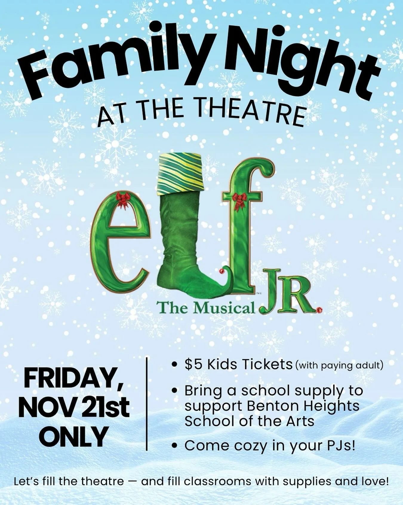 We&rsquo;ve added a show!!! And it&rsquo;s Family Night! Come out and enjoy some Christmas magic in your pajamas, bring school supplies to support Benton Heights, and enjoy $5 kids tickets with code KIDS5 at checkout! 

We can&rsquo;t wait to enjoy a