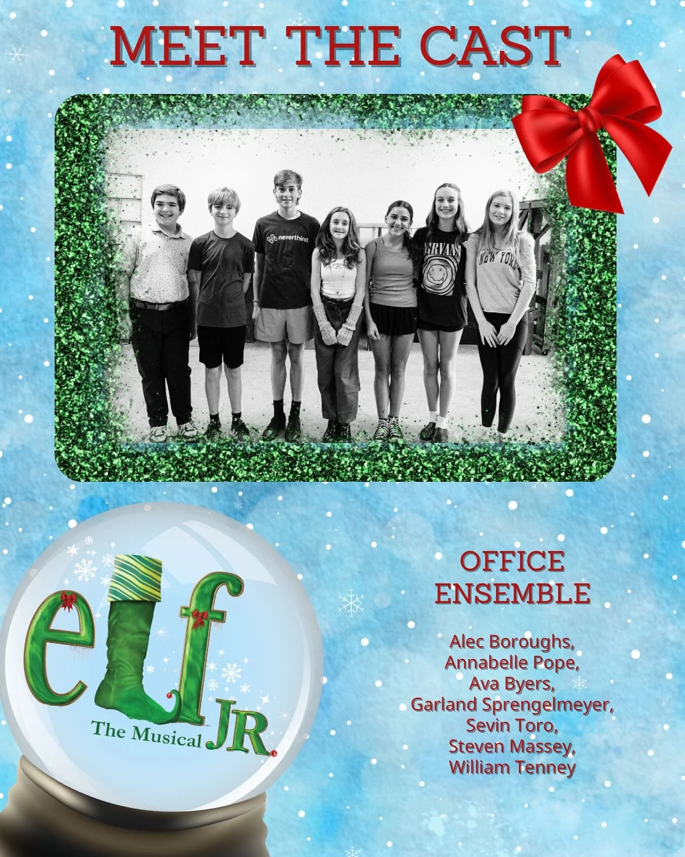 Meet the Cast of Elf Jr.! 

Say hello to the Office Staff! This group of students has stepped up to portray this group of cooky professionals and bring the laughs along with them! You can catch them on the streets of New York too, some of them in dis