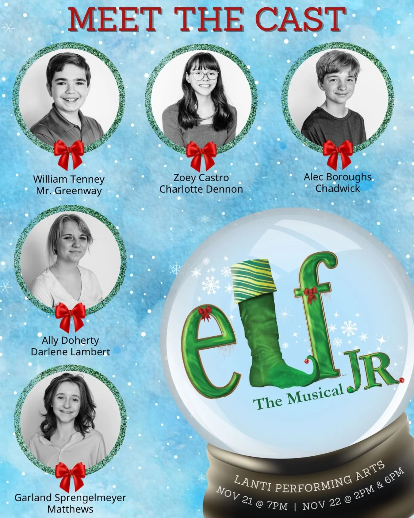 Meet the Cast of Elf Jr.! 

Alec, a Parkwood 8th grader, is back on the Lanti stage for the 5th time! Most recently he performed in Willy Wonka Jr and Aladdin Jr. In his free time you can find him running. 

Zoe is a Porter Ridge 7th grader who has p