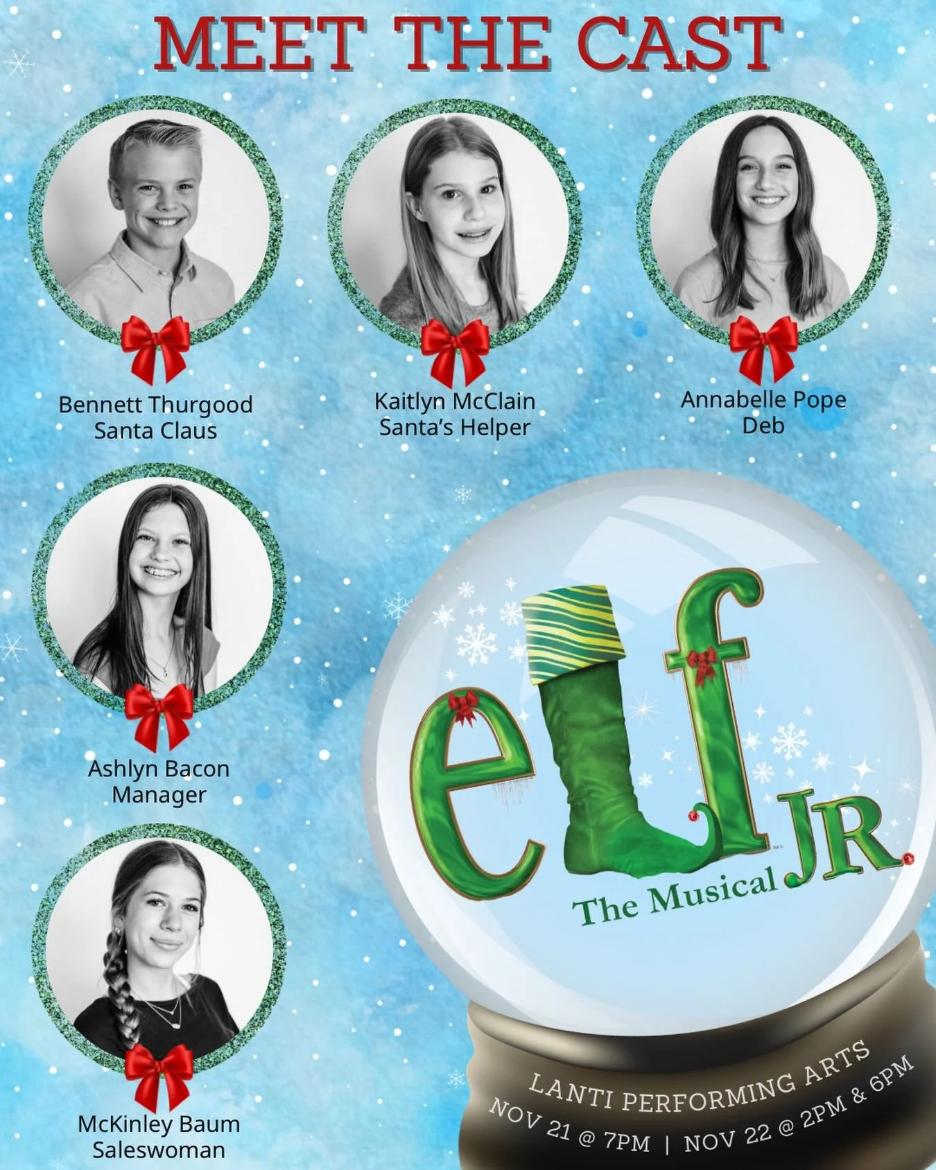 Meet the Cast of Elf Jr.! 

Annabelle is an MRMS 7th grader performing in her 7th Lanti show! She was most recently seen as Mrs Beauregarde in Willy Wonka Jr. In her free time you can find her reading, with friends, or cheering. 

Kaitlyn is a UPA 7t