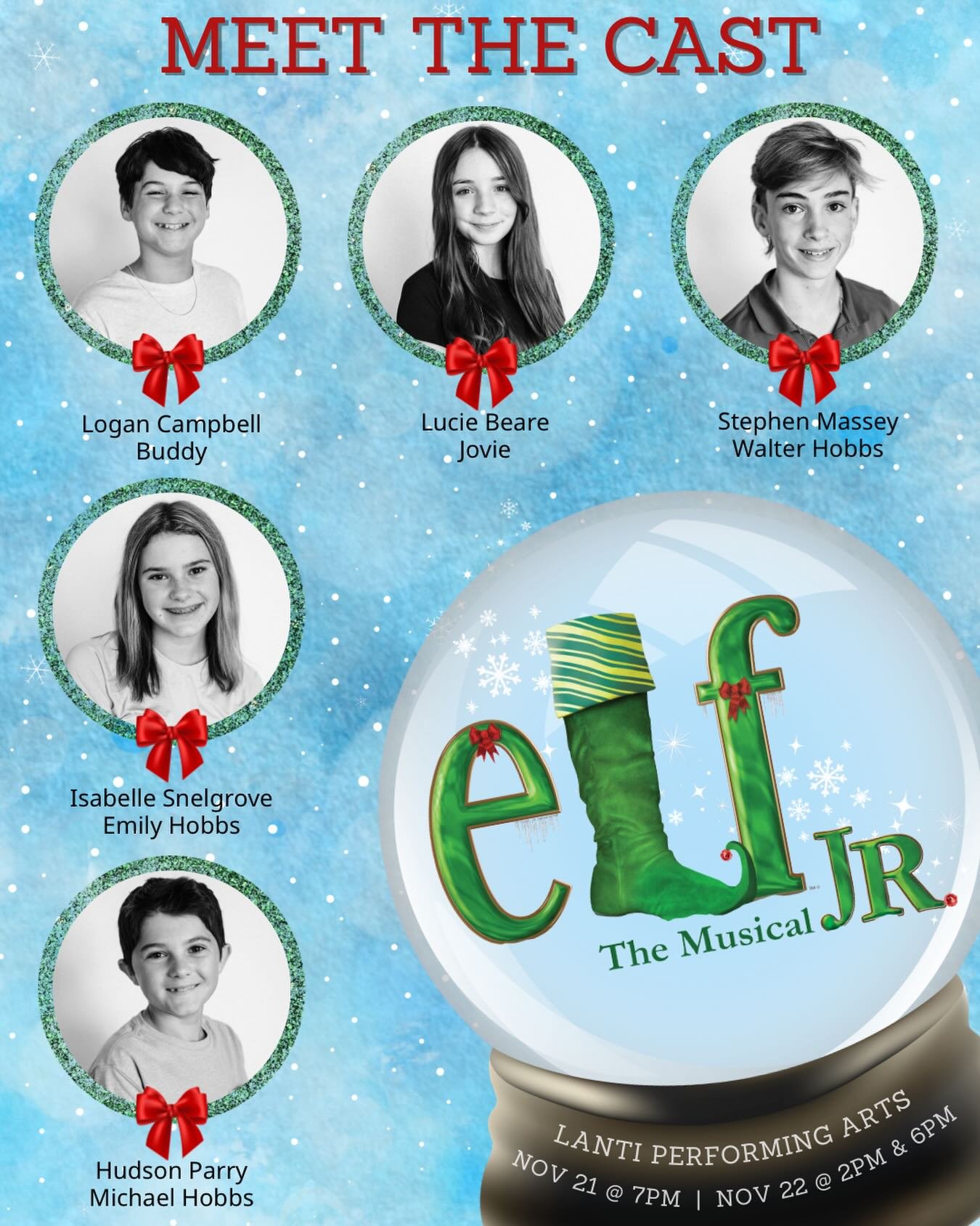 Meet the Cast of Elf Jr.! 

Stephen, a Covenant Day seventh grader, is thrilled to be making his Lanti debut! Some recent credits include Rolf in The Sound of Music and Mr. Wormwood in Matilda Jr. He loves the Christmas spirit of the show!

Lucie is 