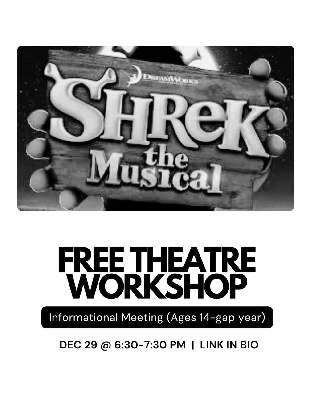 Join us Monday for a peek at Shrek the Musical! You&rsquo;ll get to meet the directors and some potential castmates, learn the audition choreography, ask questions, and more! Link in our bio to let us know you&rsquo;re coming! This show is going to b