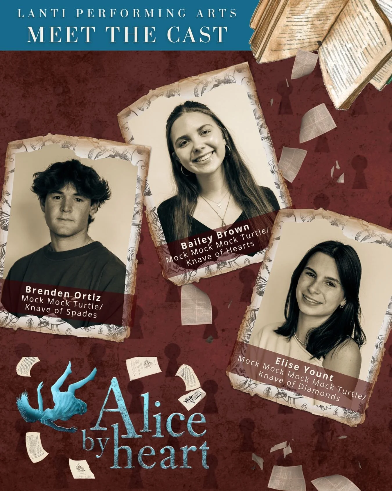 Meet the Cast of Alice By Heart! 

Brenden is a senior who is thrilled to be making his Lanti debut! He is also the Harold/Mad Hatter understudy. 

Bailey is excited to be back on the Lanti stage for a 4th time! She is also the Tabatha/Cheshire Cat u